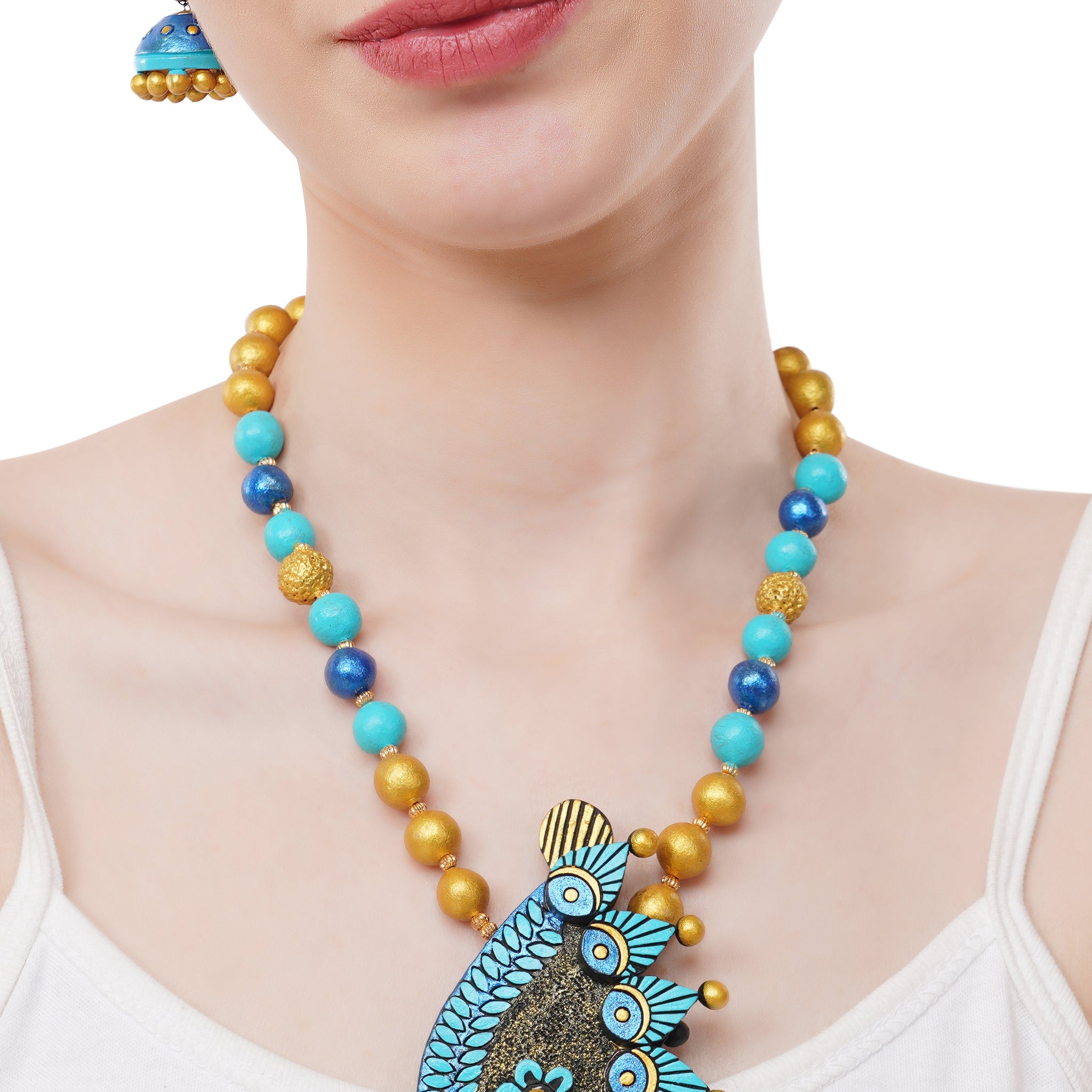 Peacock Plume Terracotta Necklace Set
