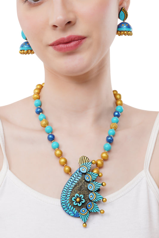 Peacock Plume Terracotta Necklace Set