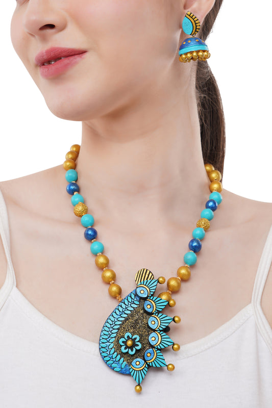 Peacock Plume Terracotta Necklace Set