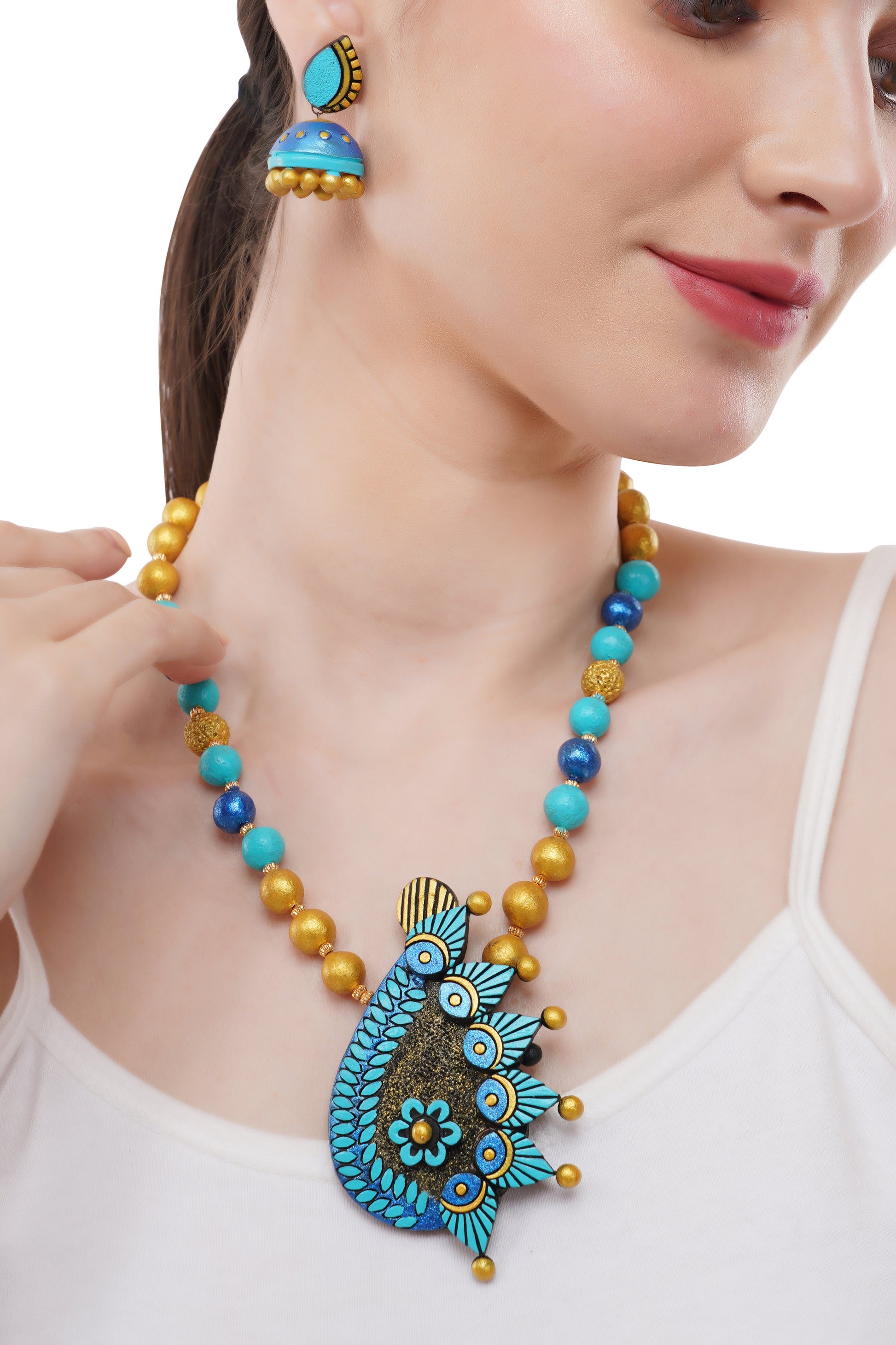 Peacock Plume Terracotta Necklace Set