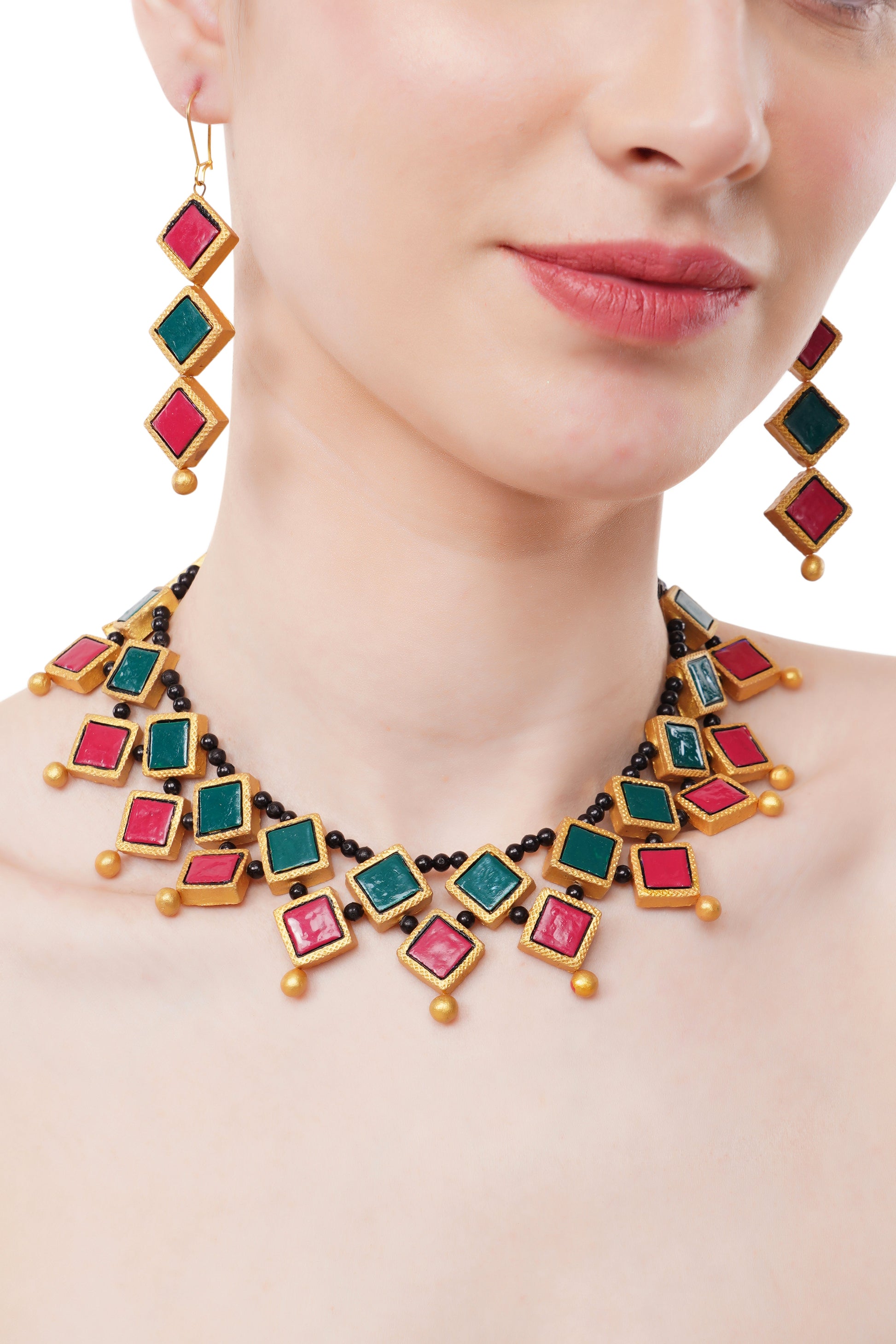 Verdant Scarlet Clay Choker Necklace Set